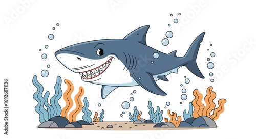 Happy cartoon shark swimming underwater among colorful coral reefs and bubbles