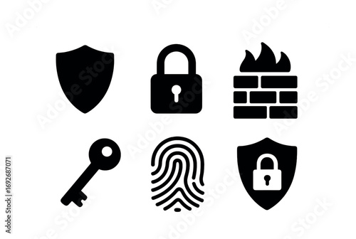 Security icons featuring shield, lock, firewall, key, and fingerprint graphics