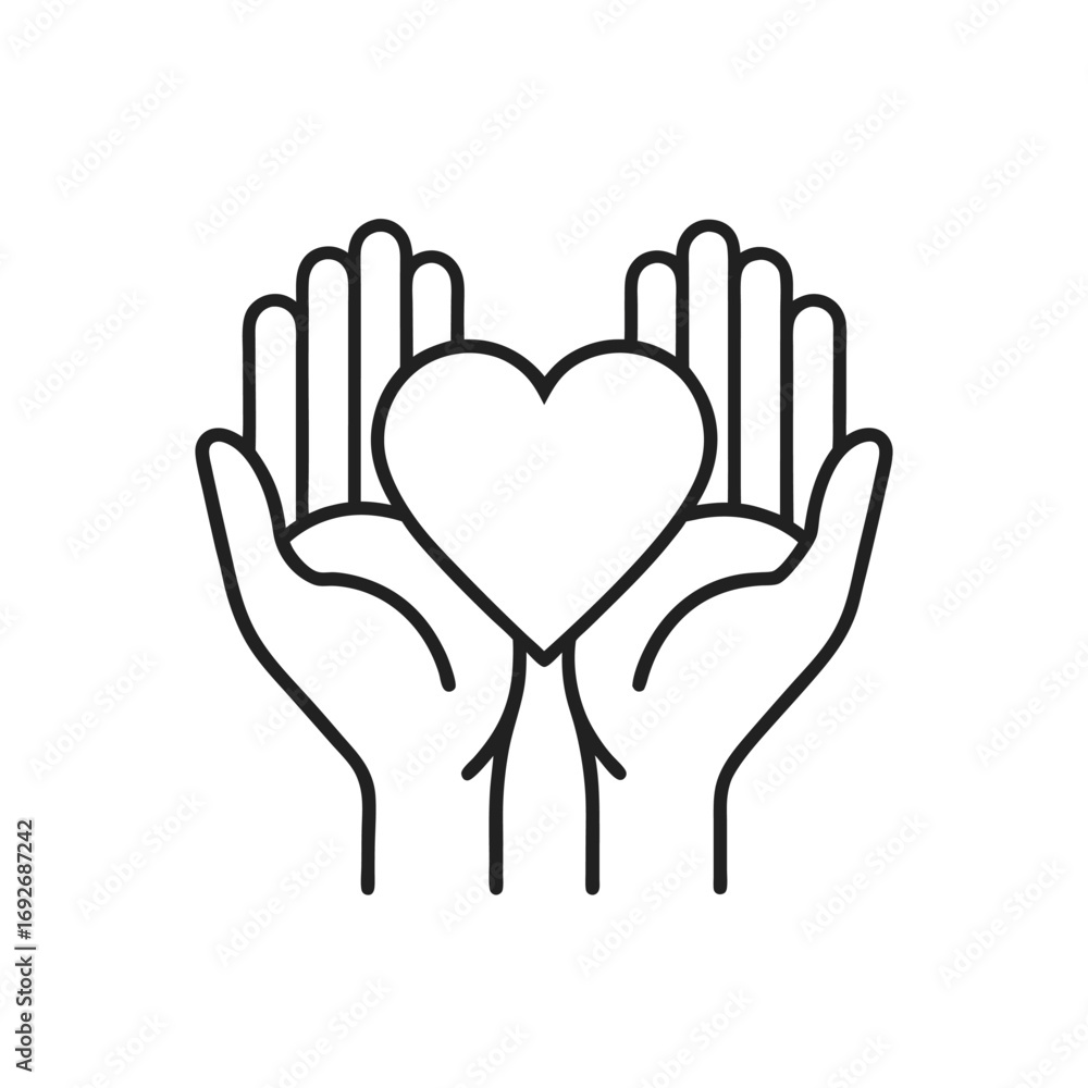 Obraz premium Hands in heart shape, Charity and donation line icon. Awareness, volunteer, donor, organ donation, give love.