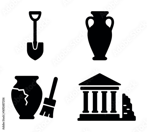 Archaeology icons collection: shovel, vases, broom, ancient temple ruins