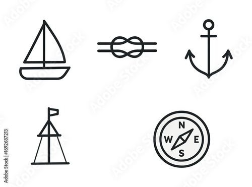 Minimalist nautical icons set: sailboat, knot, anchor, flag, compass