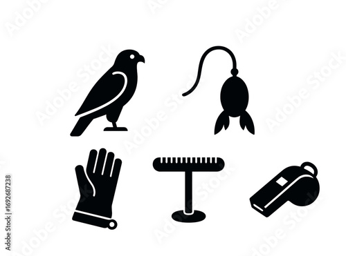 Falconry equipment icons: falcon, lure, glove, perch, whistle