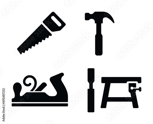Icon set of classic woodworking tools: saw, hammer, plane, and chisel