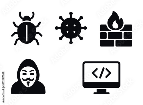 Cybersecurity threats icons: bug, virus, firewall, hacker, coding symbol