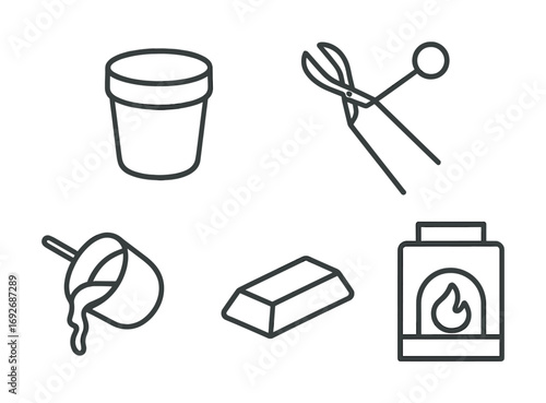 Icon set featuring melting pot, crucible, tongs, gold bar, and furnace