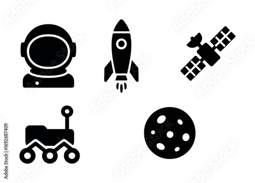 Space exploration icons: astronaut helmet, rocket, satellite, rover, moon