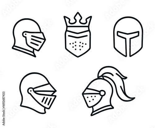 Outline icons of medieval knight helmets and crowns