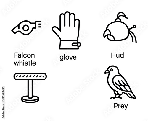 Falconry icons: whistle, glove, hood, perch, falcon illustration