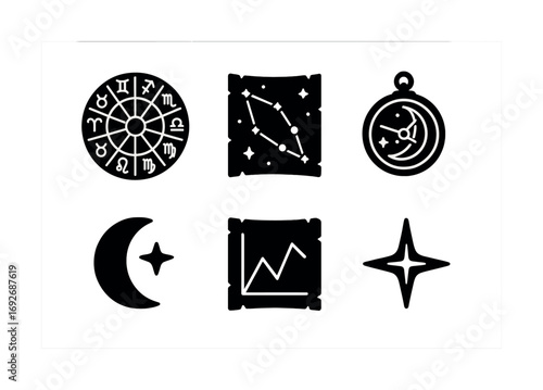 Astrological symbols: zodiac wheel, constellation map, moon phase, crescent, chart, star icon set