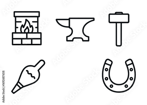 Blacksmith tools icons: forge, anvil, hammer, bellows, horseshoe