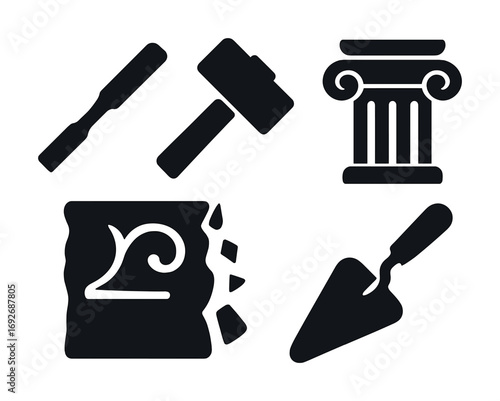 Stone masonry tools and symbols: chisel, mallet, column, and trowel icons