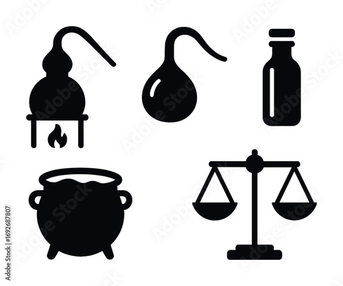 Alchemy symbols: distiller, alembic, bottle, cauldron, scales silhouettes