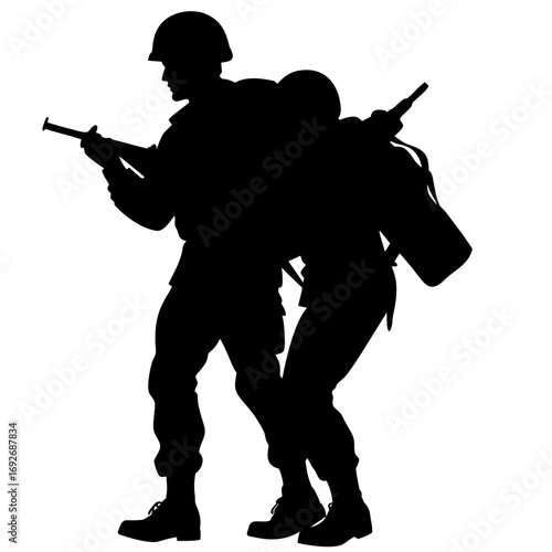 Silhouette of soldiers in combat gear advancing together