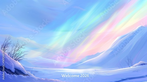 Snowy Mountain Landscape with Aurora Borealis and Welcome 2026 Text