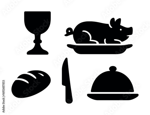 Black and white icons of wine goblet, roast turkey, bread, and cloche