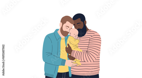 A tender moment as two fathers embrace their young child with love and care