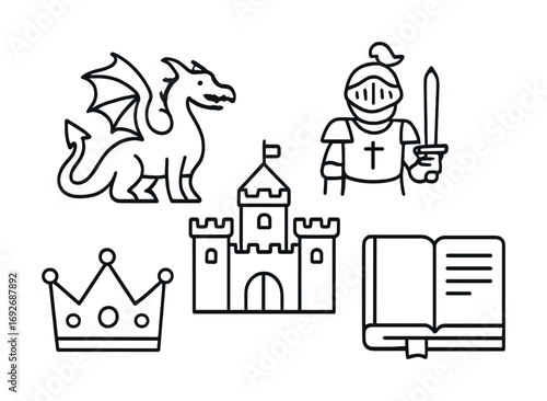 Medieval symbols: dragon, knight, castle, crown, and book in black outline