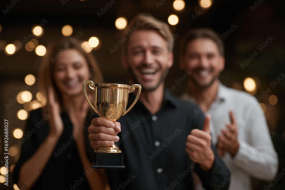 A gold hologram trophy in the center of the team
A group of people celebrates around a shining gold holographic trophy, a symbol of achievement. A gold hologram trophy in the center of the team
A group of people celebrates around a shining gold holographic trophy, a symbol of achievement.