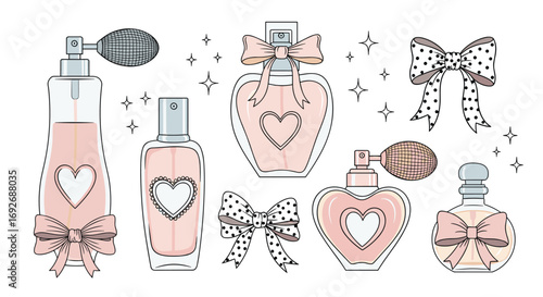 A collection of elegant perfume bottles with charming bow accents