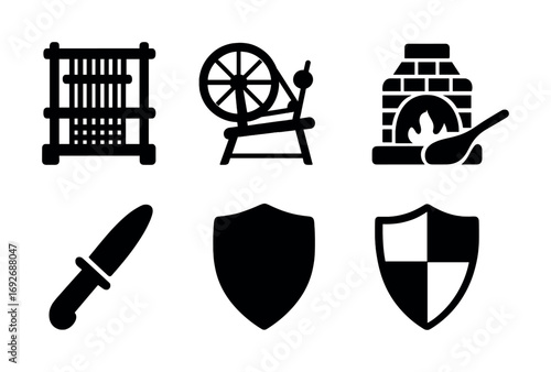 Medieval craft and defense symbols: loom, spinning wheel, fireplace, knife, shields