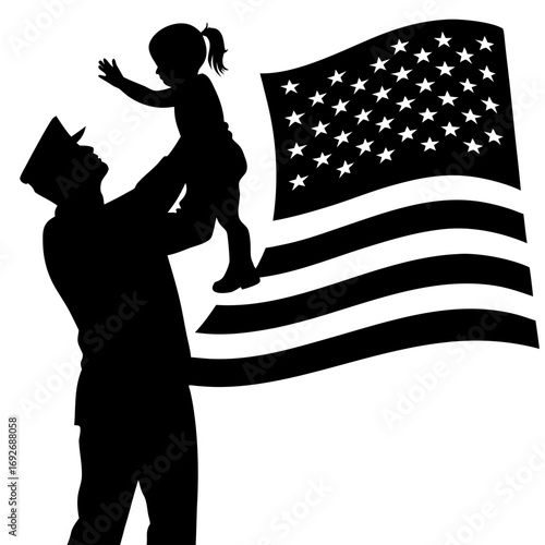 Soldier holding child with american flag silhouette