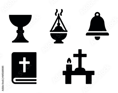 Religious symbols: chalice, censer, bell, bible, altar with candle and cross