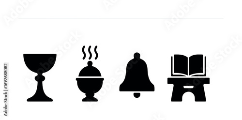 Silhouette icons of chalice, incense, bell, and open book