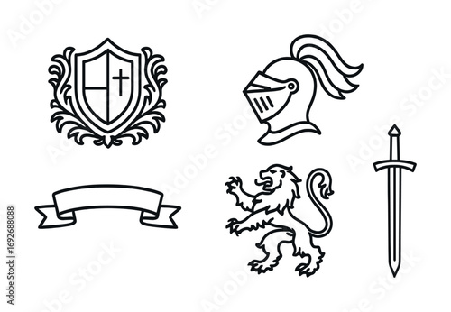 Medieval heraldry symbols with knight helmet shield sword lion banner
