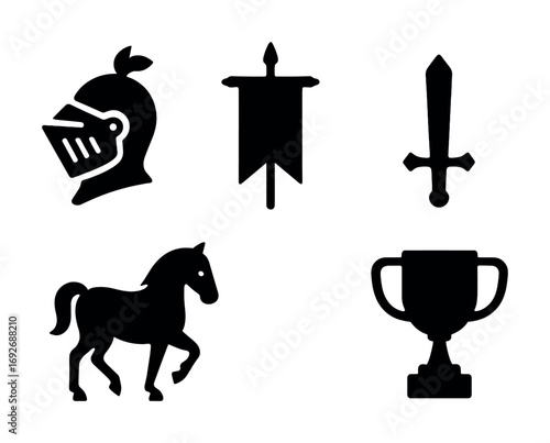 Medieval knight helmet banner sword horse trophy icons set