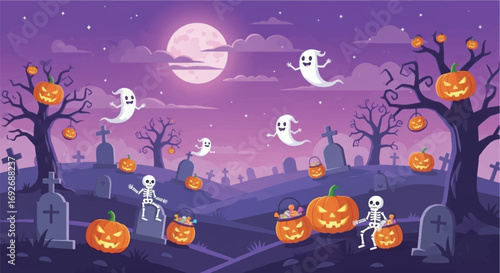 Scary Halloween night cartoon background with orange pumpkins, bats, and ghosts under the moon