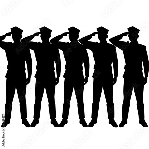 Five silhouettes of soldiers saluting in uniform