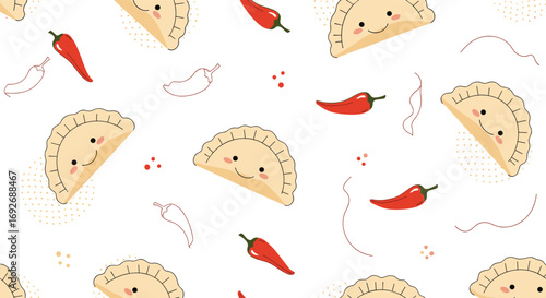Cute kawaii tacos with spicy red chili peppers adorable food pattern design