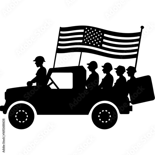 Soldiers in a truck with american flag