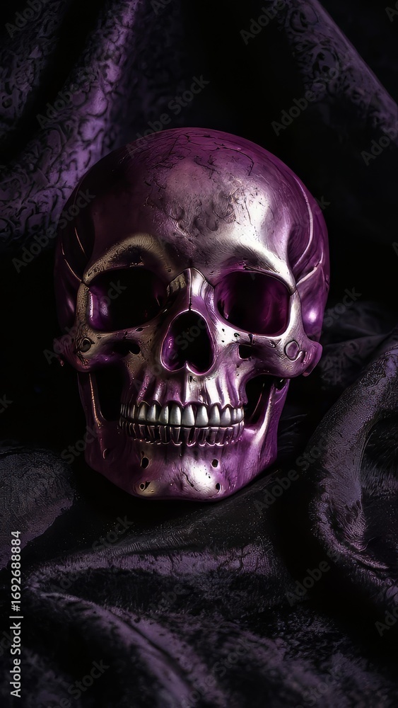 Fototapeta premium Vertical gothic halloween skull in purple metallic finish on velvet background