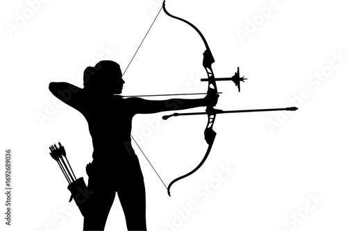 Silhouette of an archer with a bow and arrow aiming at a target in a white background scene
