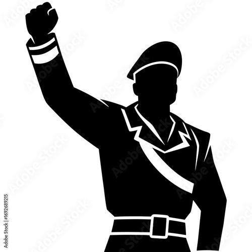 Silhouette of a leader with raised fist and beret