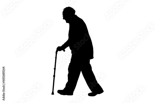 Silhouette of an elderly man walking with a cane on a white background in full body view