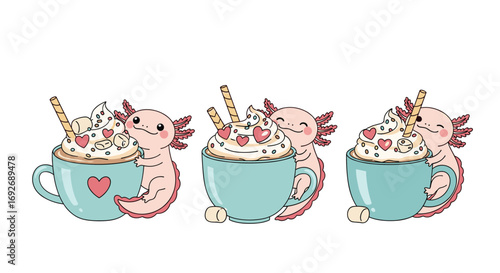 Cute axolotl characters enjoying sweet drinks and desserts in a cozy setting