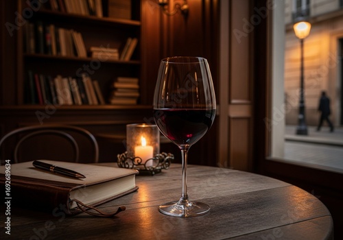 A glass of red wine sits on a table next to a book and a lit candle, with a bookshelf in the background and a street lamp visible outside a window