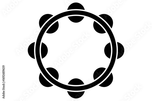 Illustration of a black tambourine with eight jingles arranged around the oval frame shape