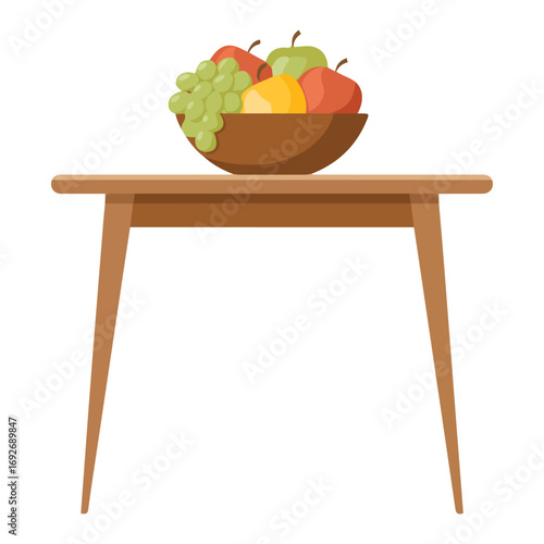 Fruit bowl with apples grapes and wine jug on table isolated on white flat vector style