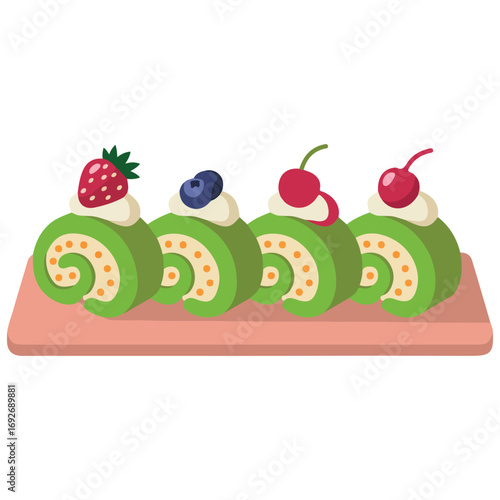 Japanese green tea Swiss roll cake served on red plate isolated vector illustration