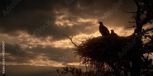 Hyper realistic wide shot of eagle feeding eaglets treetop nest dramatic cinematic sky with golden light