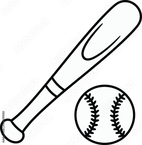 Baseball bat and ball outline drawing for coloring book or educational resources featuring baseball equipment and sport themed artwork and vector graphic illustration for printing or digital media