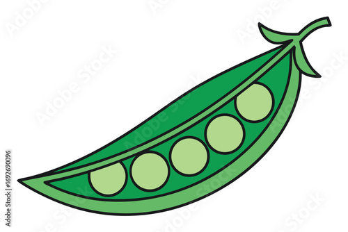 Green Pea Pod with Five Peas Inside on White Background vegetable food