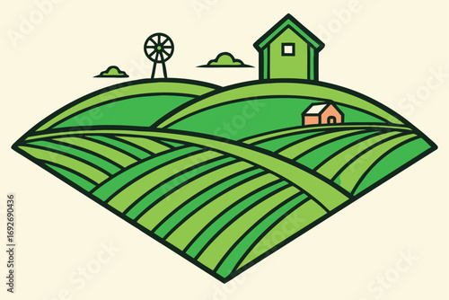 Green rolling hills with a farm house windmill and fields on a cream background rural landscape