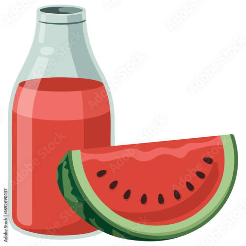 Fresh watermelon juice in clear glass with lid and straw sliced fruit beside isolated