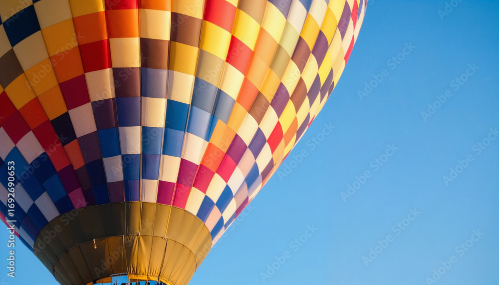 Obraz premium Colorful checkered hot air balloon ready for flight against blue sky