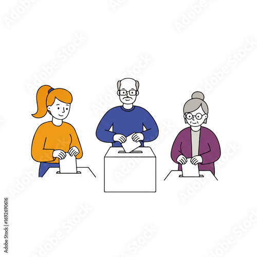 Three people of different ages are voting, each placing a ballot into a separate ballot box.
