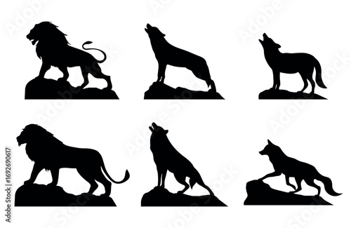 Lion, Wolf and Coyote Silhouette Collection - Bold Wildlife Poses on Cliff